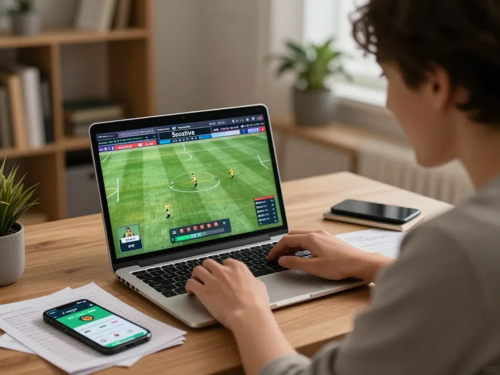 Socolive user engaging in live soccer betting with laptop and sports notes in cozy home setting