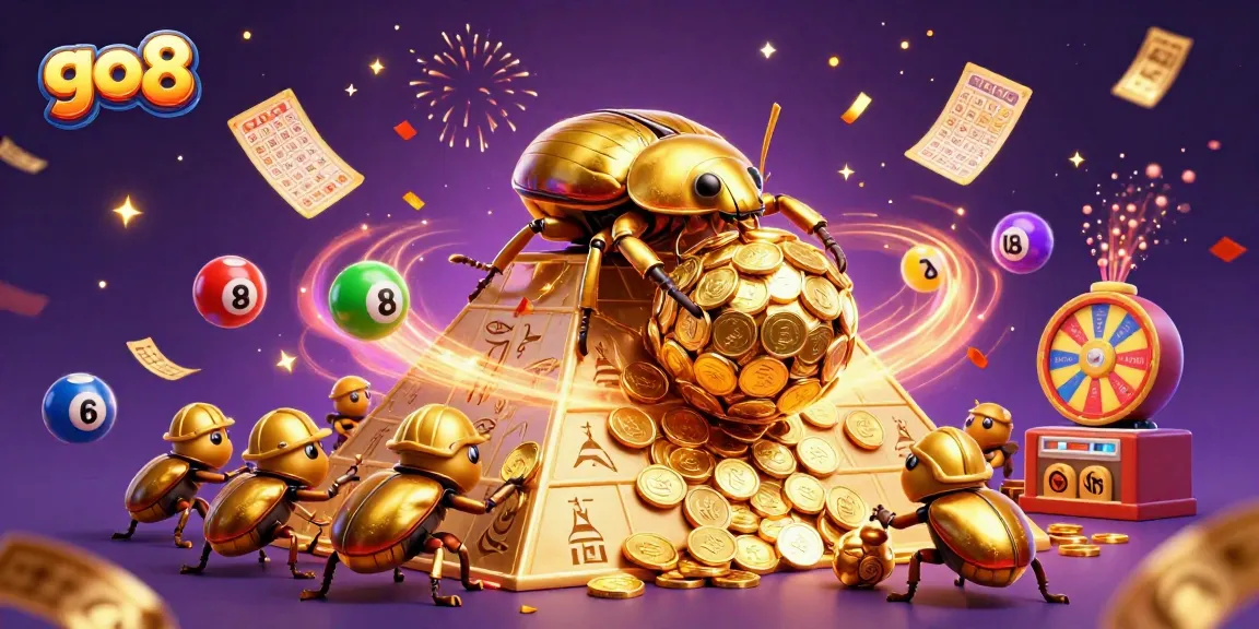 Experience go8's vibrant casino world with golden beetles rolling coins and exciting lottery elements.