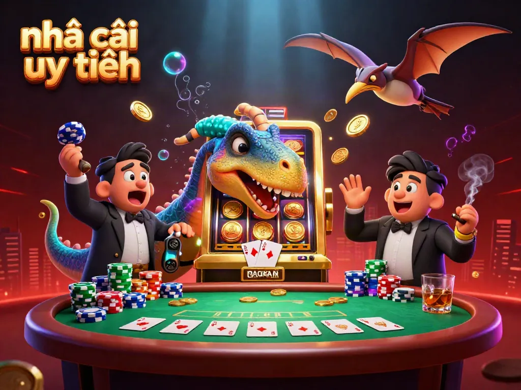 Catch the excitement with a nhà cái uy tín slot machine illustration featuring dynamic characters and casino elements.