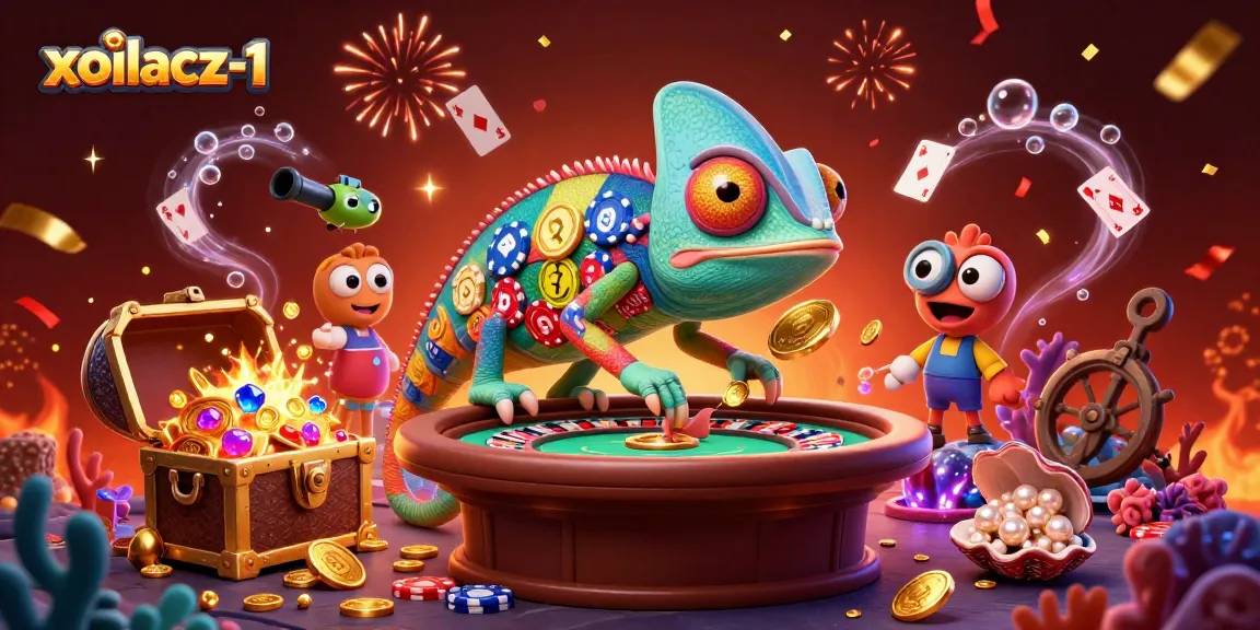 Xoilacz-1 features a dynamic chameleon casino owner among treasures in a vibrant game scene.