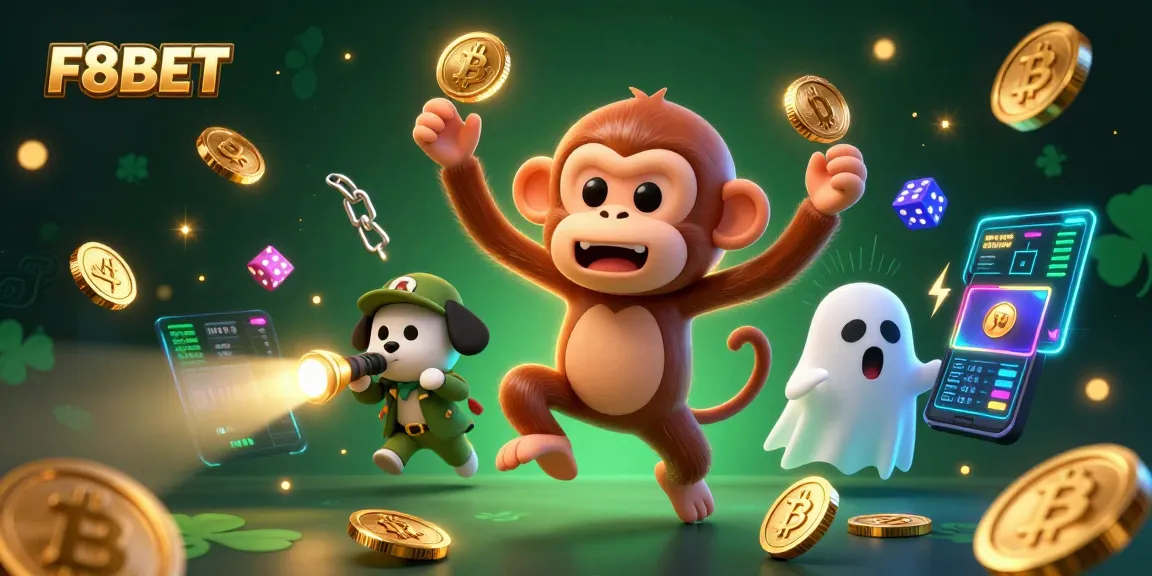 Engage with F8BET's thrilling casino scene featuring a playful ghost-like monkey juggling gold and cryptocurrencies.