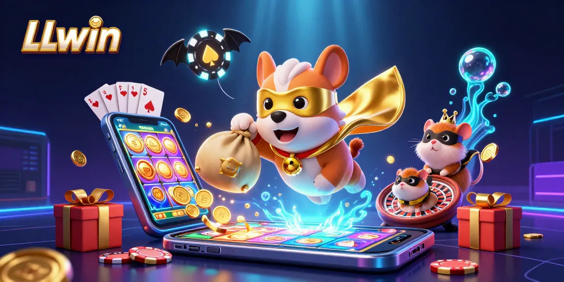 Experience exciting gaming at LLwin with a cartoon superhero dog and hamster amidst vibrant casino elements.