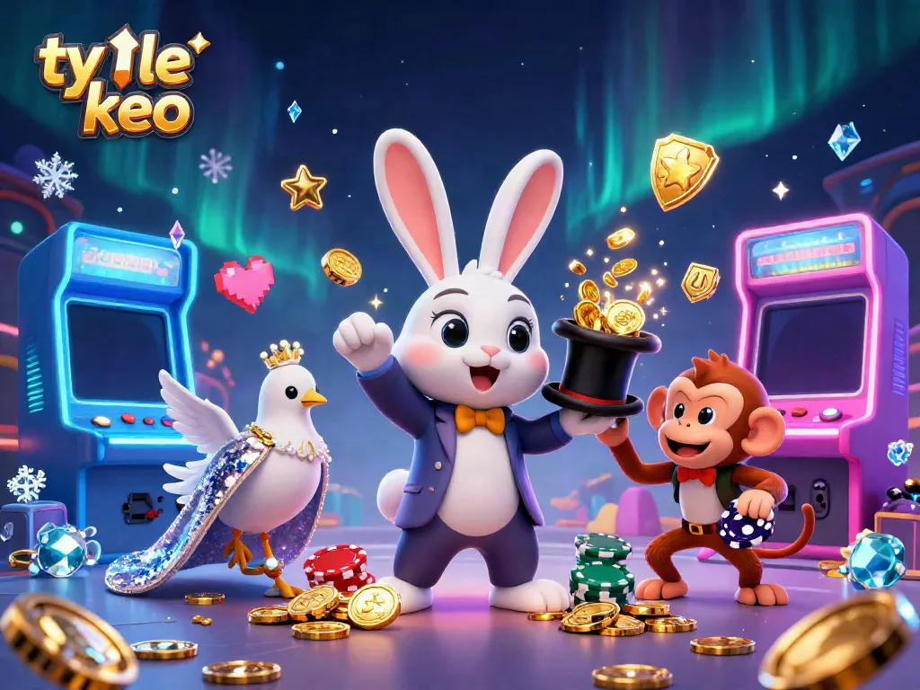 Engage with ty le keo as the magician rabbit conjures coins, surrounded by dazzling game elements.