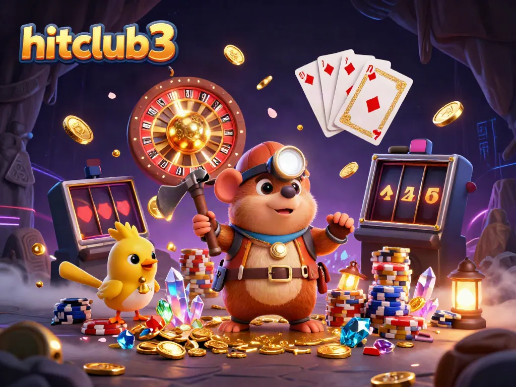 Engage with hitclub3's dynamic casino scene featuring a treasure hunter mole amid cascading coins and games.