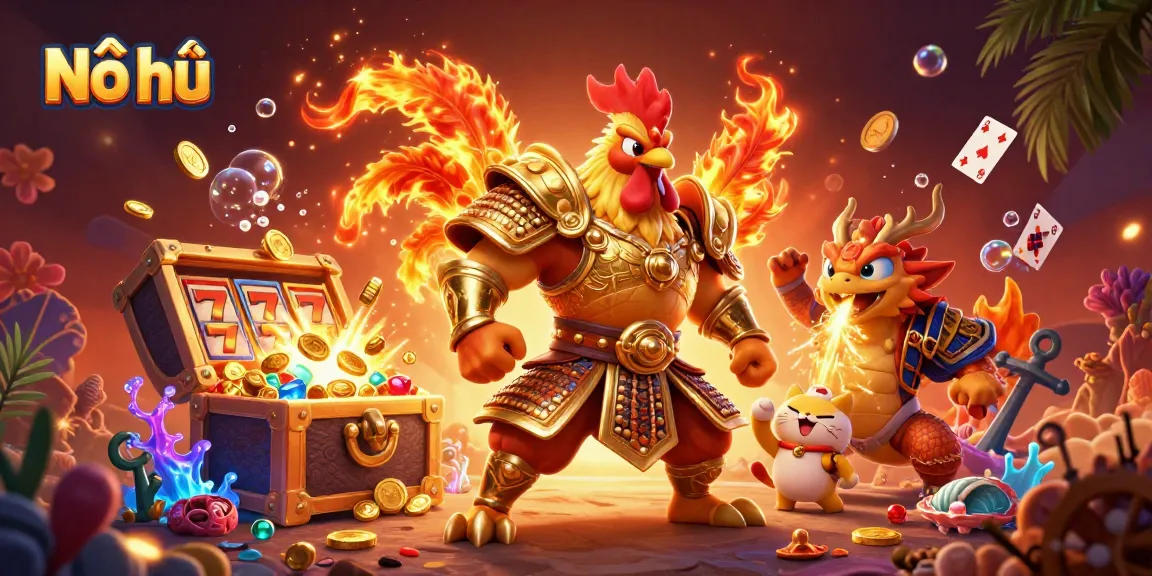 Nổ hũ jackpot scene with a rooster warrior, dragon hatchling, and treasure elements showcasing thrilling online slot gaming.