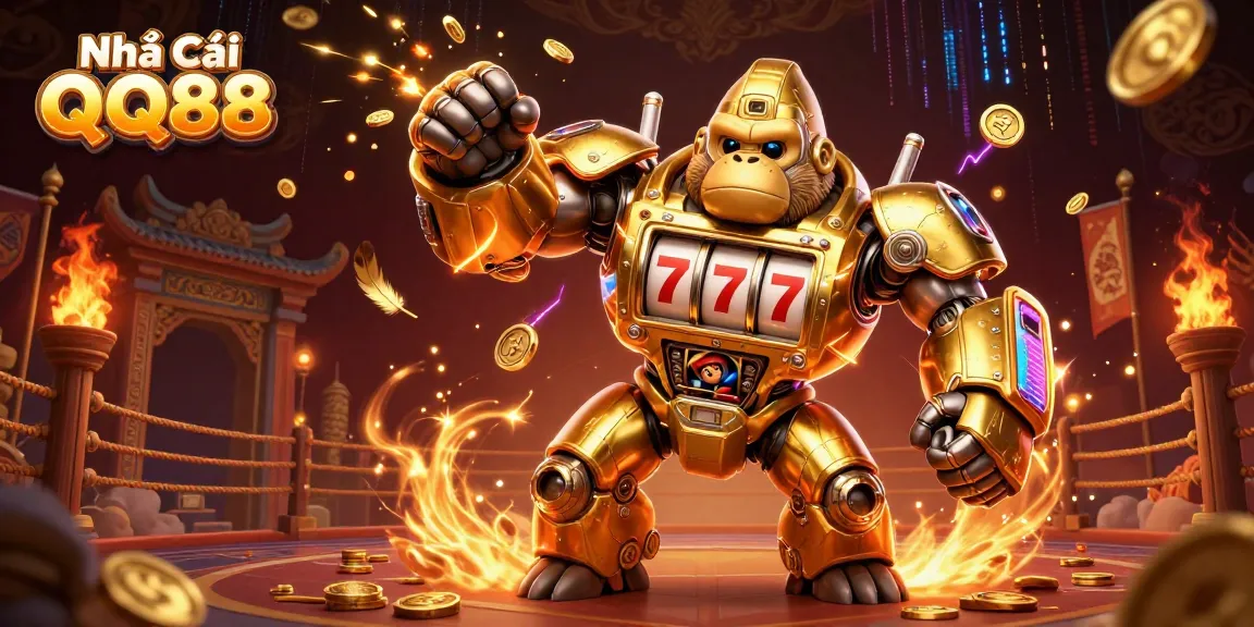 Engage with Nhà Cái QQ88 through a dynamic scene of a golden gorilla mech and exciting gambling elements, showcasing thrilling gaming adventures.