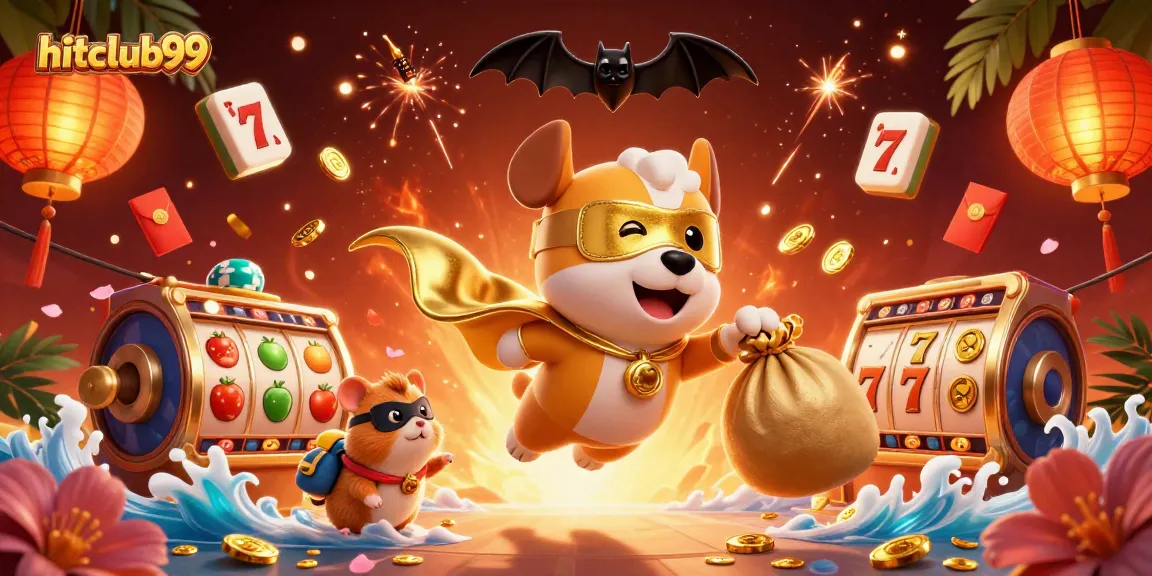 Join the adventure in hitclub99 with a superhero dog and hamster, celebrating slot wins!