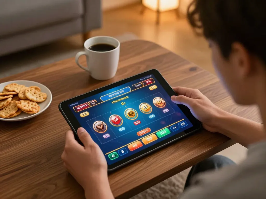 SC88 user placing bets on live casino game screen while enjoying snacks in a relaxed home setting