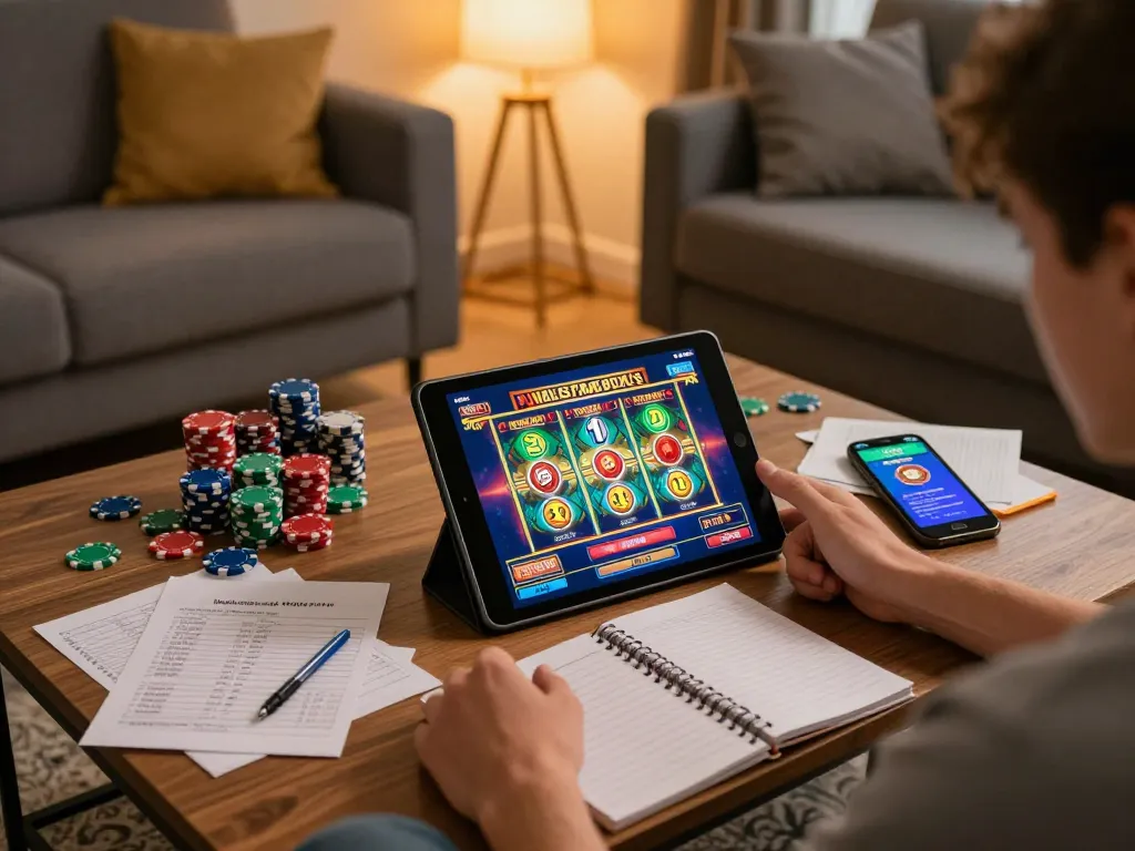 Engaging user enjoys playing slots on PH33 casino app in cozy home setting.