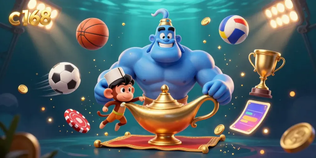 Experience the thrilling ambiance of c168 with a genie, monkey, and flying poker chips in casino magic.