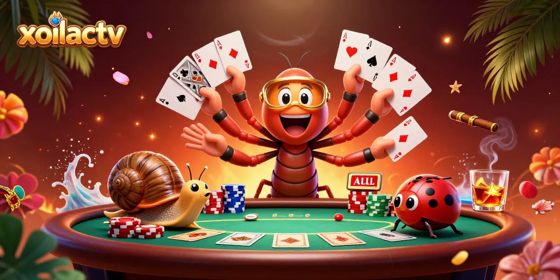 Xoilactv features lively cartoon characters at a poker table with dynamic game elements and vibrant atmosphere.