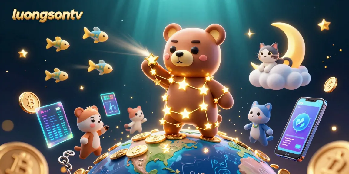 Experience thrilling gameplay at luongsontv while enjoying vibrant 3D illustrations of stars and cryptocurrencies.