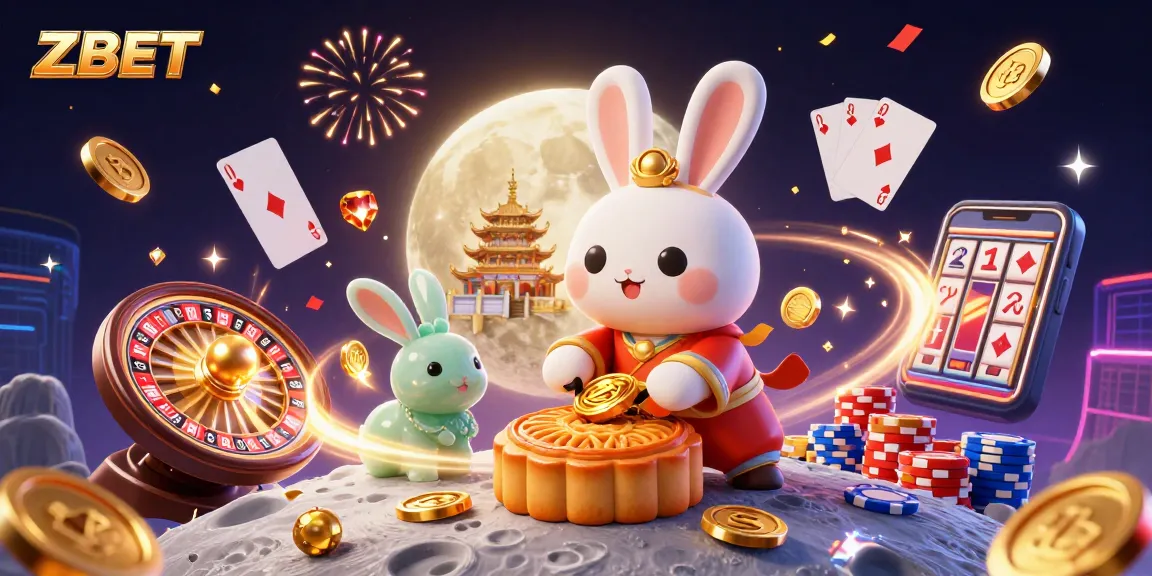 ZBET offers thrilling casino adventures with a 3D illustration of a moon rabbit surrounded by dynamic gaming elements.