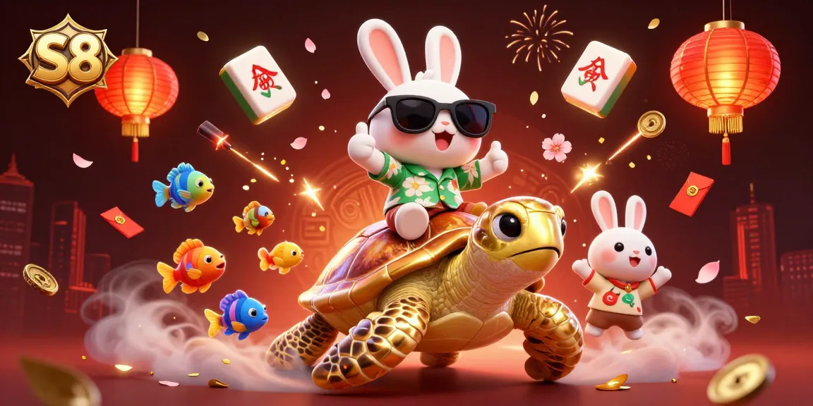 The S8 lucky rabbit celebrates with a thumbs up, riding a golden turtle amidst vibrant gambling symbols and festive decor.