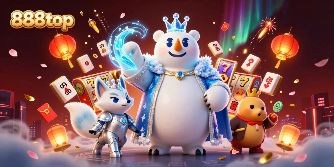 Experience the vibrant excitement of 888top with a captivating illustration of a polar bear king and his fox companion amid joyful casino elements.