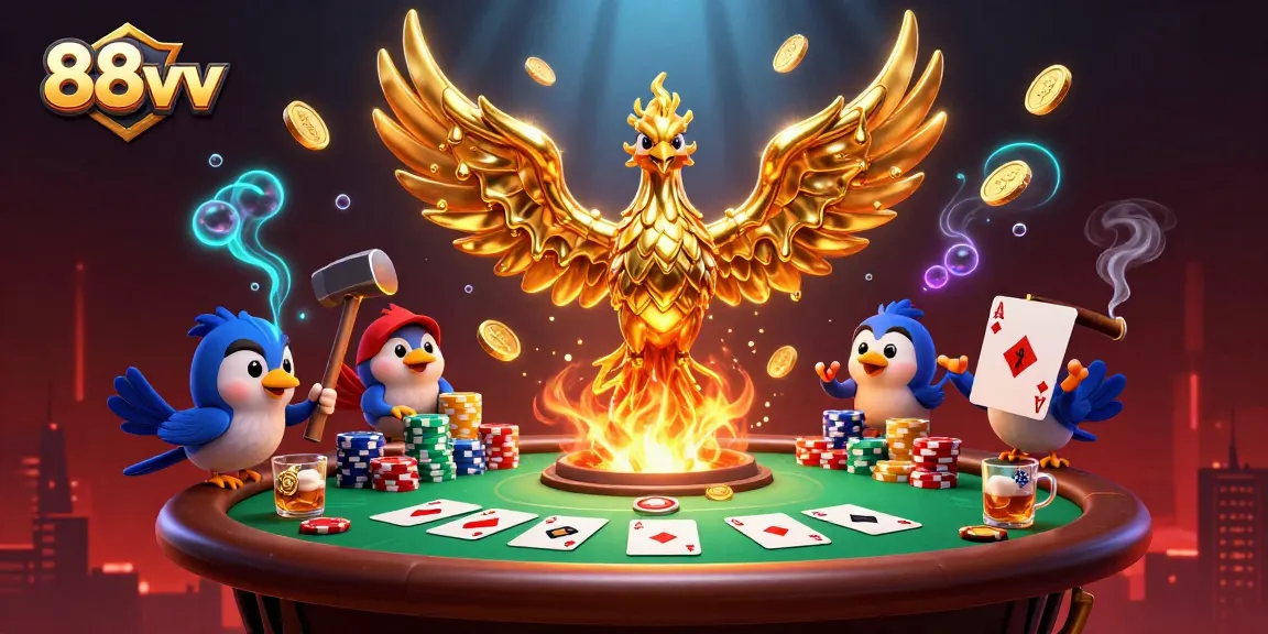 Engage with 88vv's thrilling atmosphere as molten gold coins flow from a radiant phoenix amidst poker action.