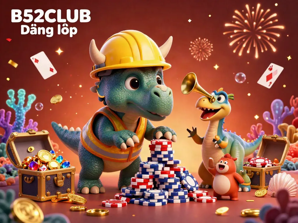 Join the fun at B52CLUB Đăng nhập with a playful scene featuring casino-themed 3D characters celebrating.