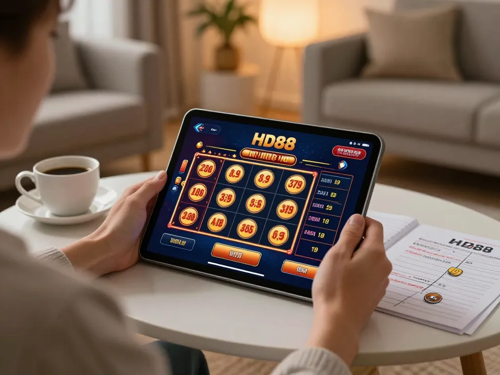 Engaging in online slots at HD88.london in a cozy home setting, emphasizing responsible gaming