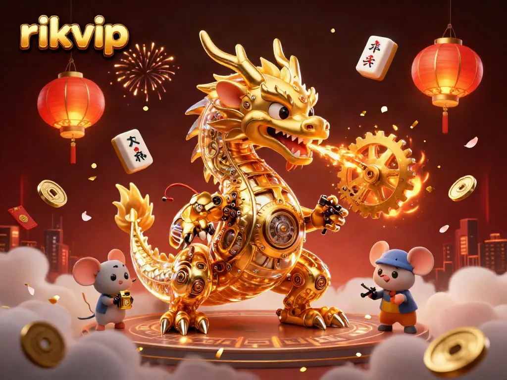 Rikvip offers an exciting gaming experience featuring a golden dragon and festive casino elements.
