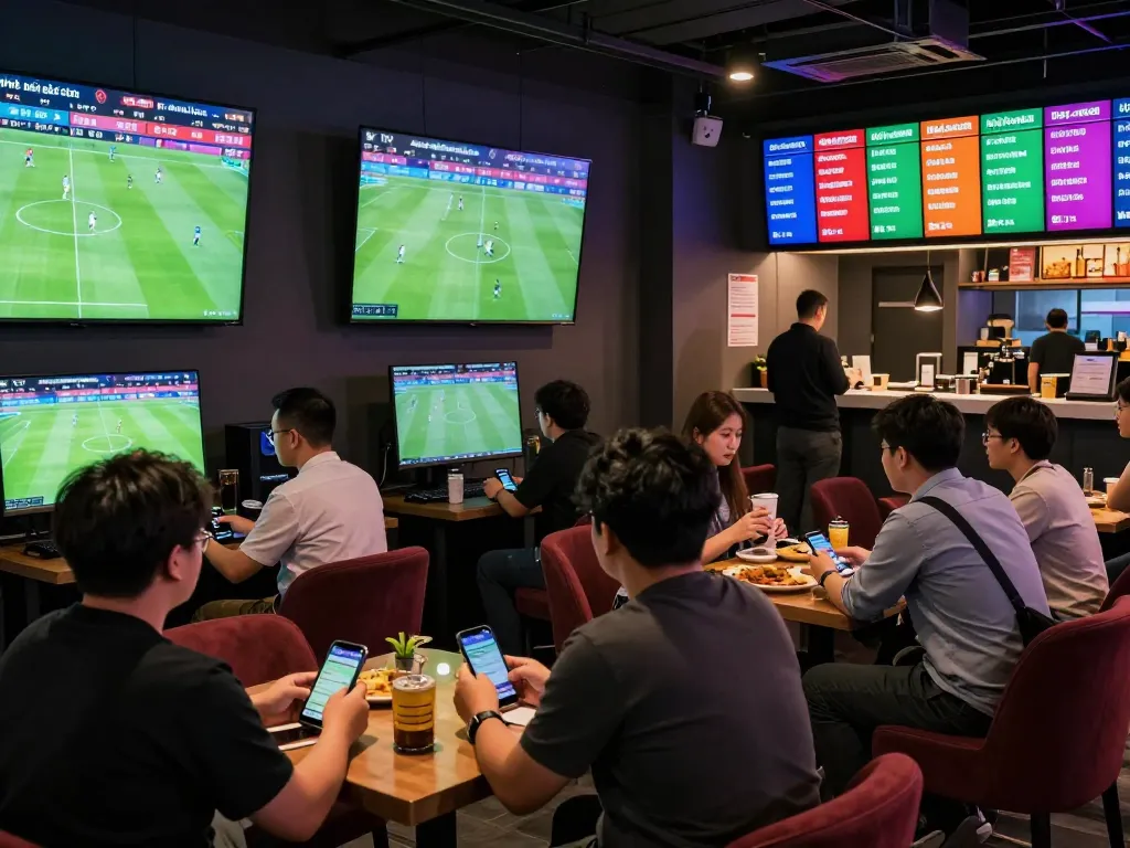 People excitedly placing bets on tỷ lệ bóng đá kèo nhà cái in a modern sports betting venue.