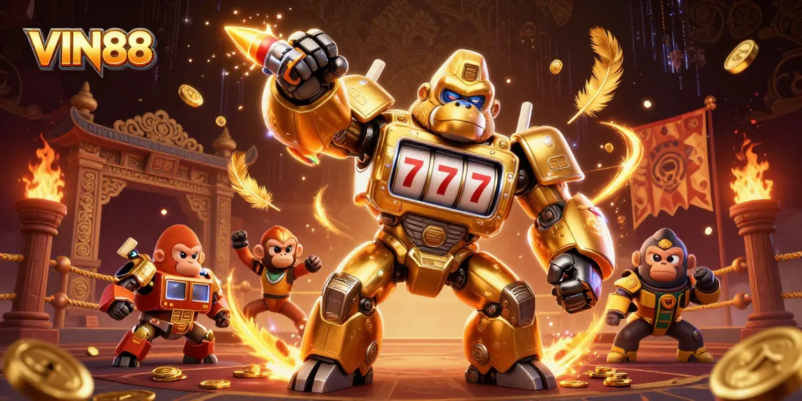 Experience the excitement of winning at VIN88 with a dynamic 3D illustration of a golden gorilla mech.