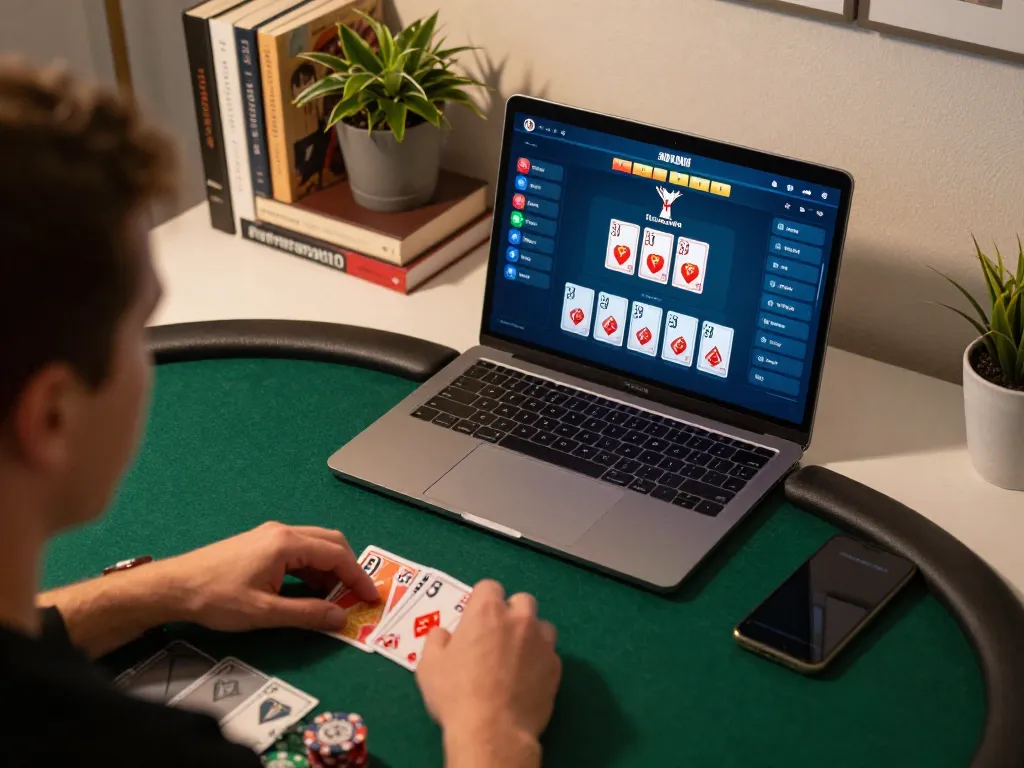 VIN88 player engaging in a professional poker match at home with laptop and strategic notes.