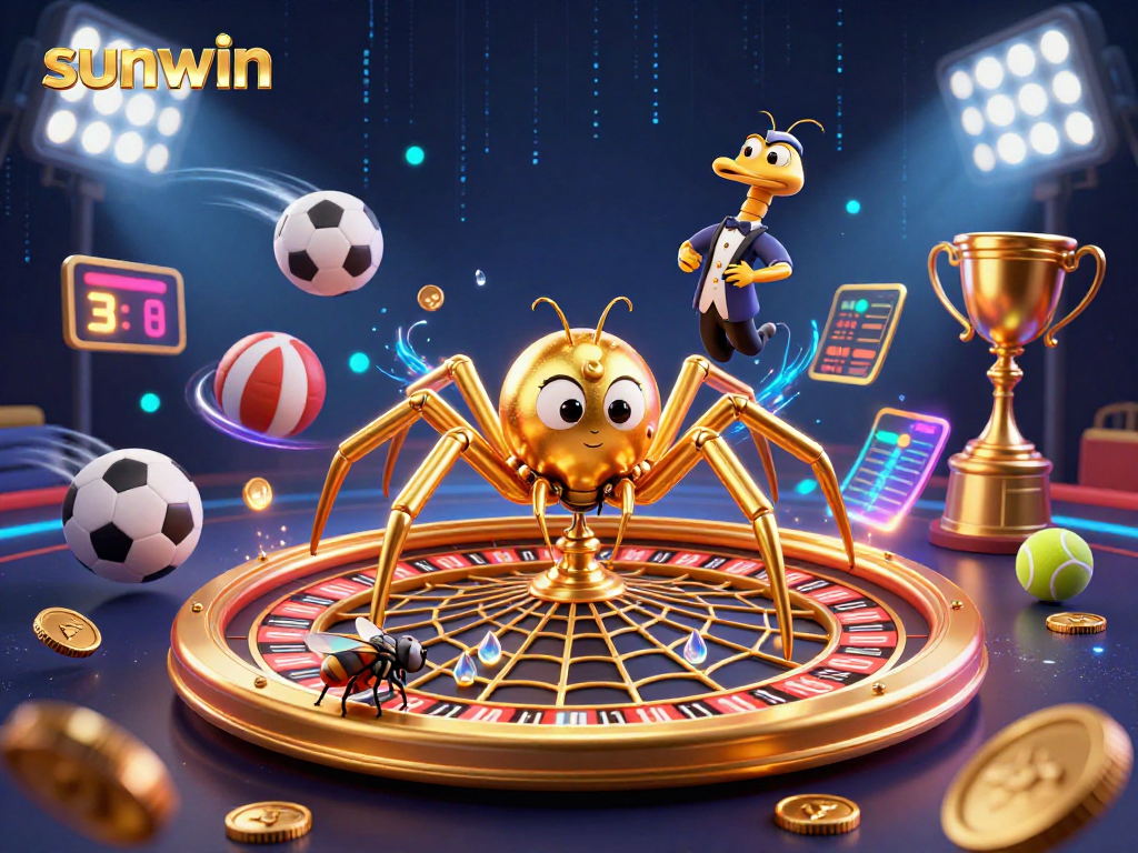 Sunwin showcases an exhilarating scene with a golden spider and centipede croupier in a vibrant casino setting.
