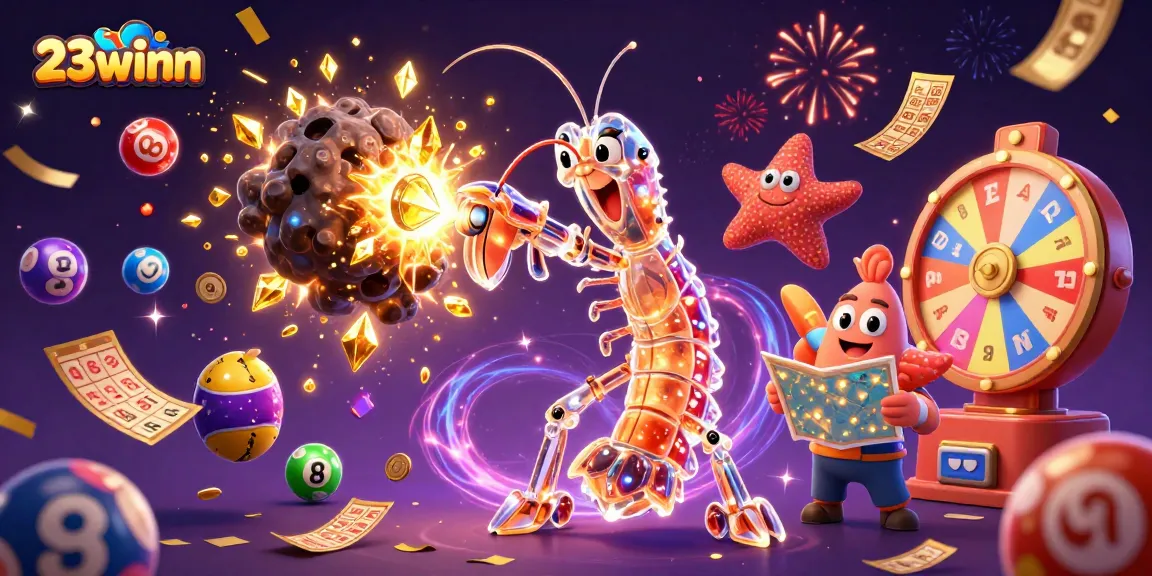 23winn showcases a 3D mantis shrimp and starfish in a vibrant casino scene filled with lottery excitement and rewards.