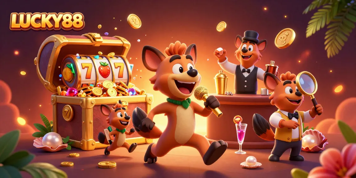Engage in epic fun at LUCKY88 with hyenas in a vibrant casino scene showcasing slot excitement and humor.