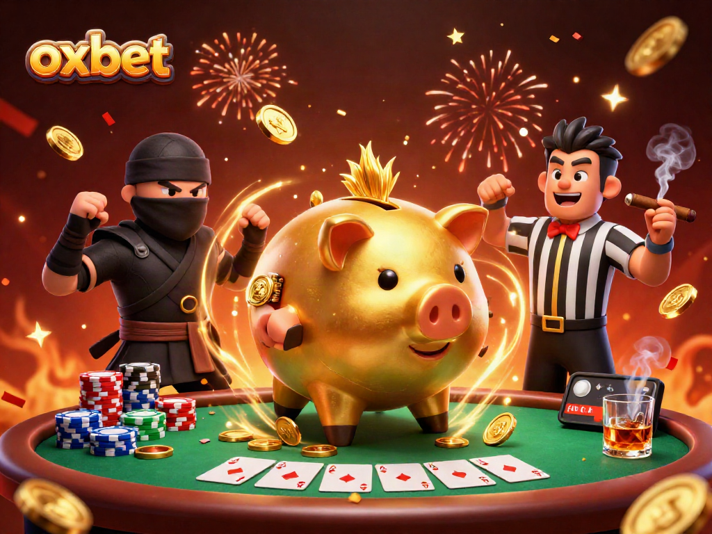 Join the excitement at oxbet with a vibrant 3D illustration featuring animated casino characters and games.