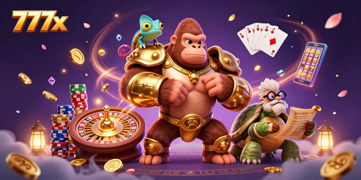 Experience thrilling gameplay at 777x with a dynamic scene featuring winning characters and casino elements.