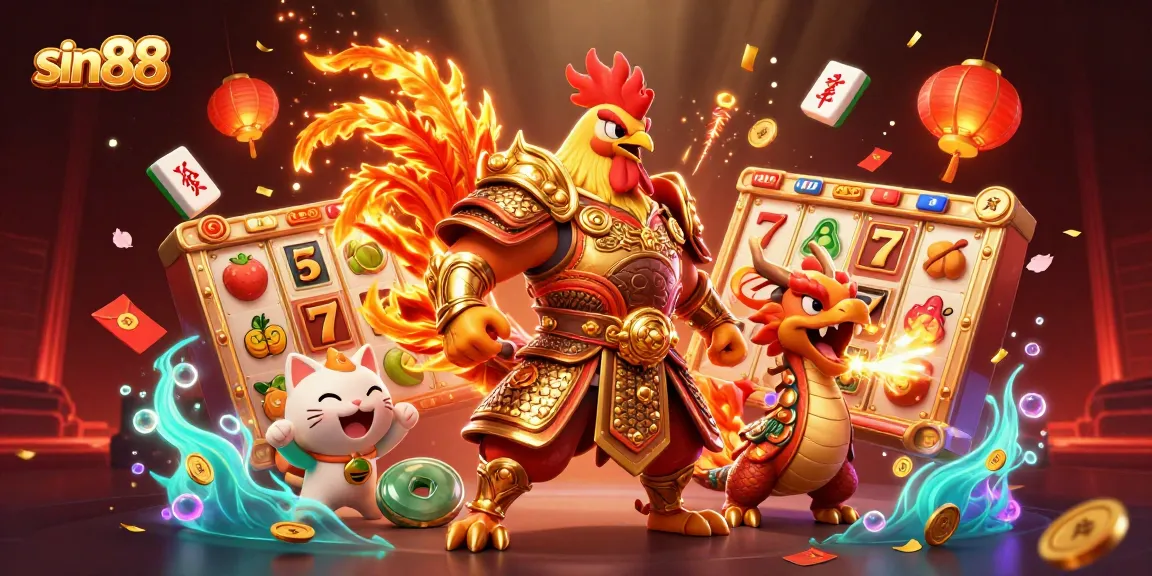 Engage with sin88 through a vibrant 3D illustration of a warrior rooster and dragon in a lively casino scene.