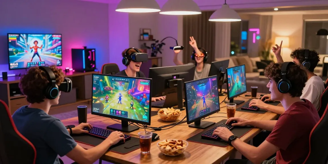 Engaging hm88 online gaming scene with friends around a live table, vibrant graphics, and modern setups.