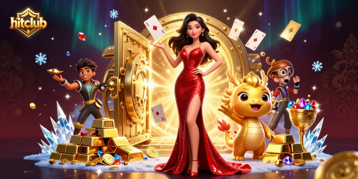 Experience the thrilling hitclub casino with a stunning woman and golden dragon amidst dazzling treasures.