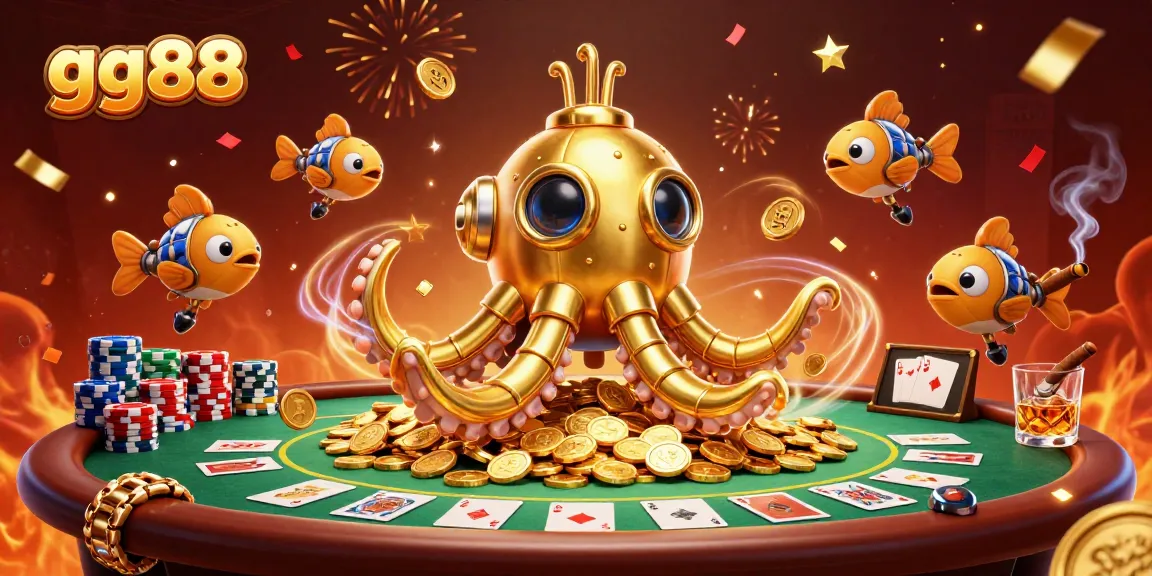 Play poker with the exciting golden kraken in a vibrant gg88 casino scene, overflowing with action and winning potential.
