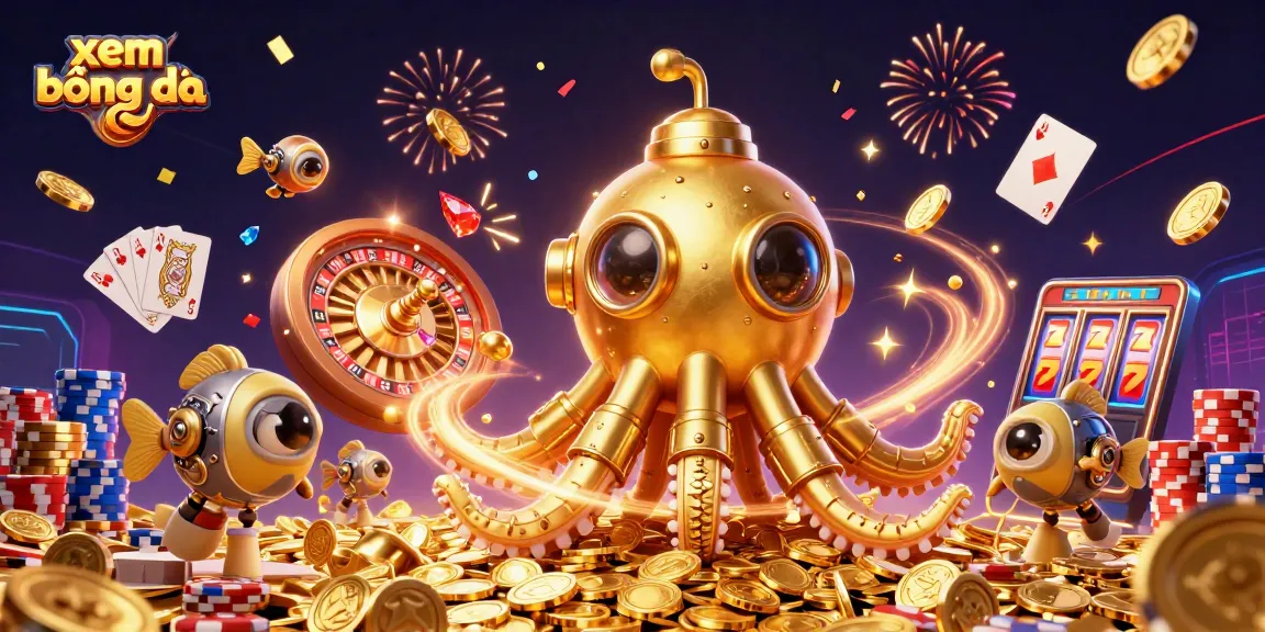 Engage in xem bóng đá with a dynamic scene of golden krakens and mechanical fish in a casino environment.