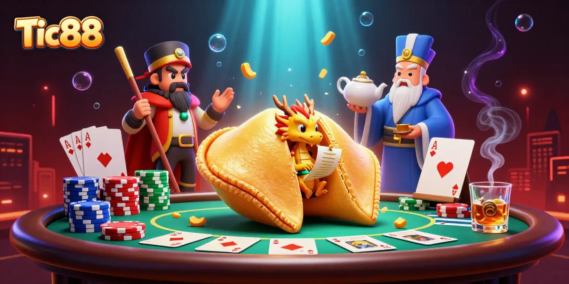 Tic88 players immerse in vibrant 3D fortune cookie game, surrounded by dynamic poker elements.