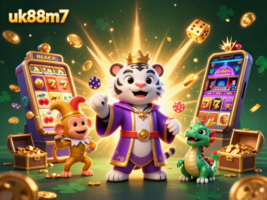 Experience the excitement of uk88m7 with a vibrant 3D casino scene featuring a white tiger, monkey, and dragon amidst jackpot symbols.