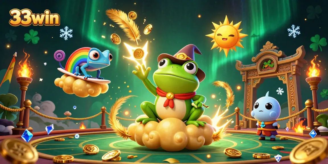 Experience the excitement of 33win with a lively scene featuring magical characters and a festive casino atmosphere.