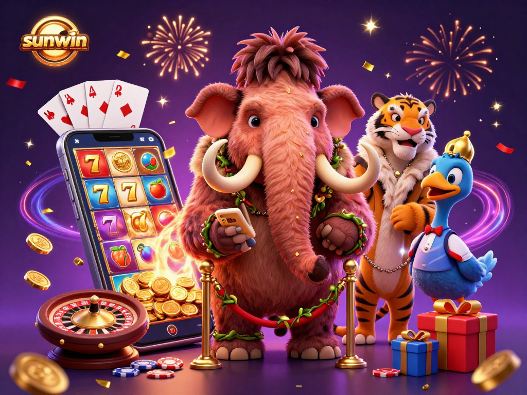 sunwin casino bouncer checks IDs at dynamic slot gaming scene with vibrant characters
