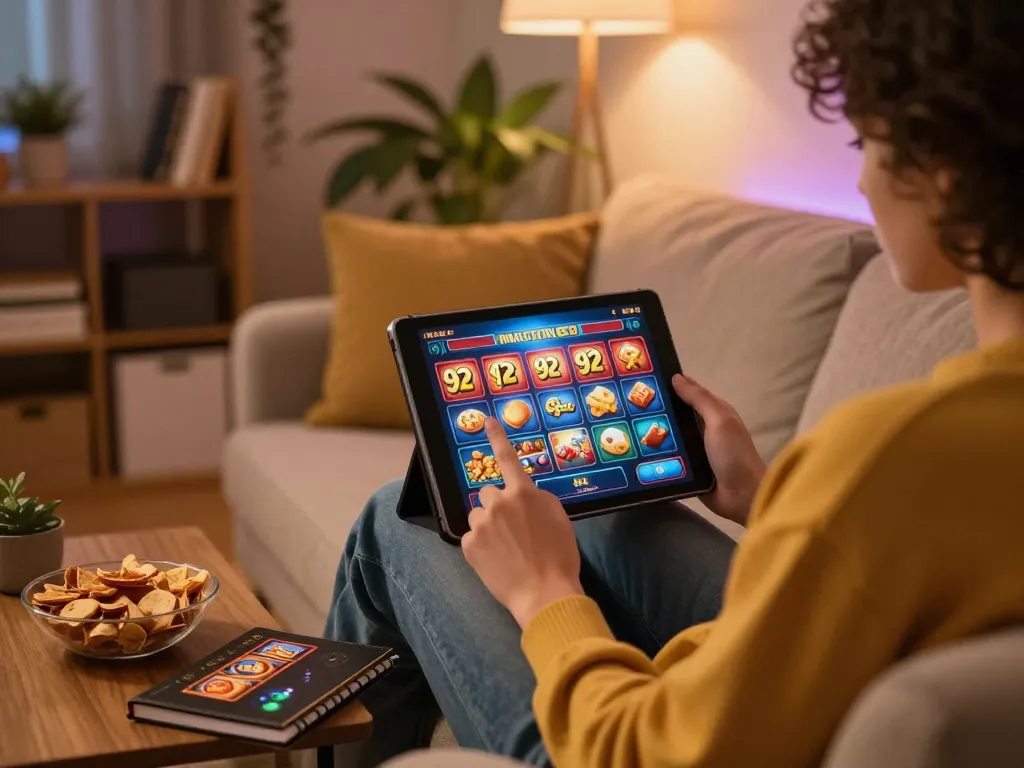 Engaging in 92slot online gaming on a cozy couch with strategy notebook and snacks