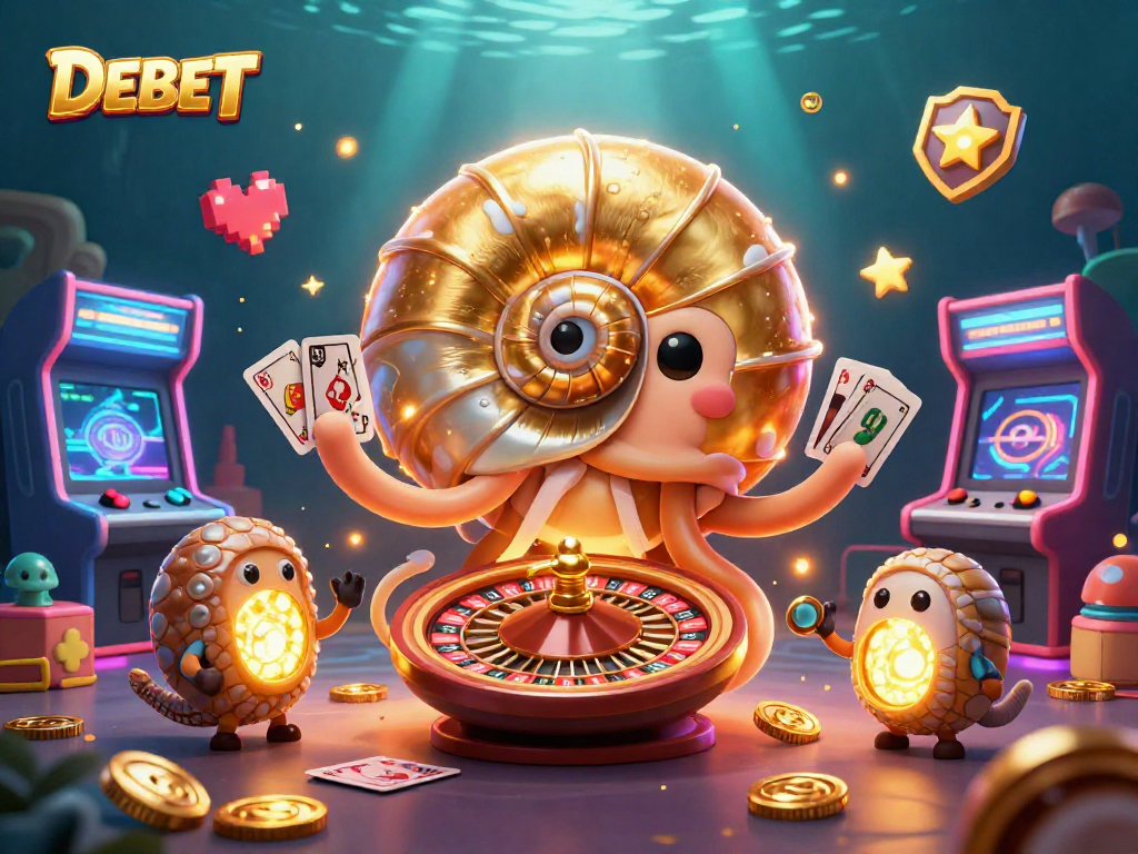 Engage with DEBET's vibrant gaming world featuring a giant nautilus roulette wheel and glowing treasures.