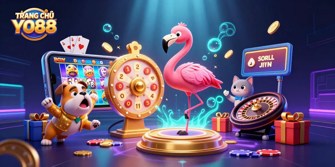 Engage with TRANG CHỦ YO88 in this vibrant casino-themed illustration featuring dynamic game elements and lively characters.