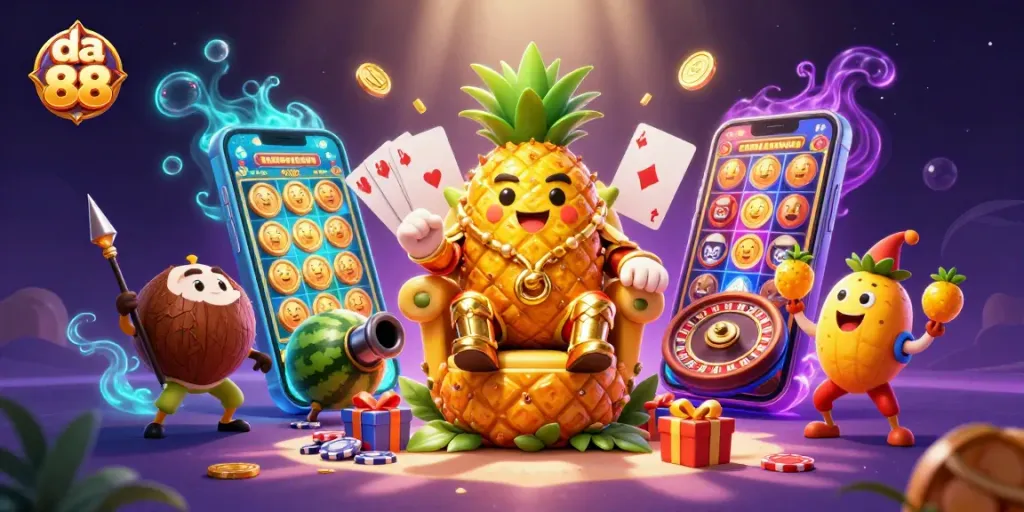 Experience thrilling wins at da 88 with vibrant games, golden coins, and lively characters in a dynamic casino setting.