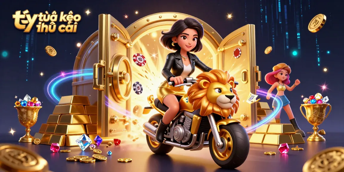 Experience exhilarating tỷ lệ kèo nhà cái fun with a glamorous Asian woman riding a golden lion, surrounded by treasures.