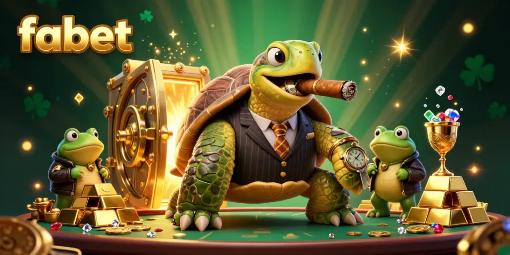 Experience fabet's vibrant casino scene featuring a stylish snapping turtle and bullfrog enforcers amidst a wealth of treasures.