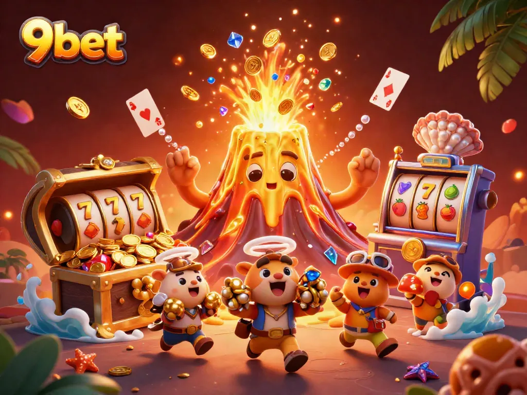 Experience thrilling wins with 9bet as treasure erupts from a golden volcano amidst vibrant casino elements.