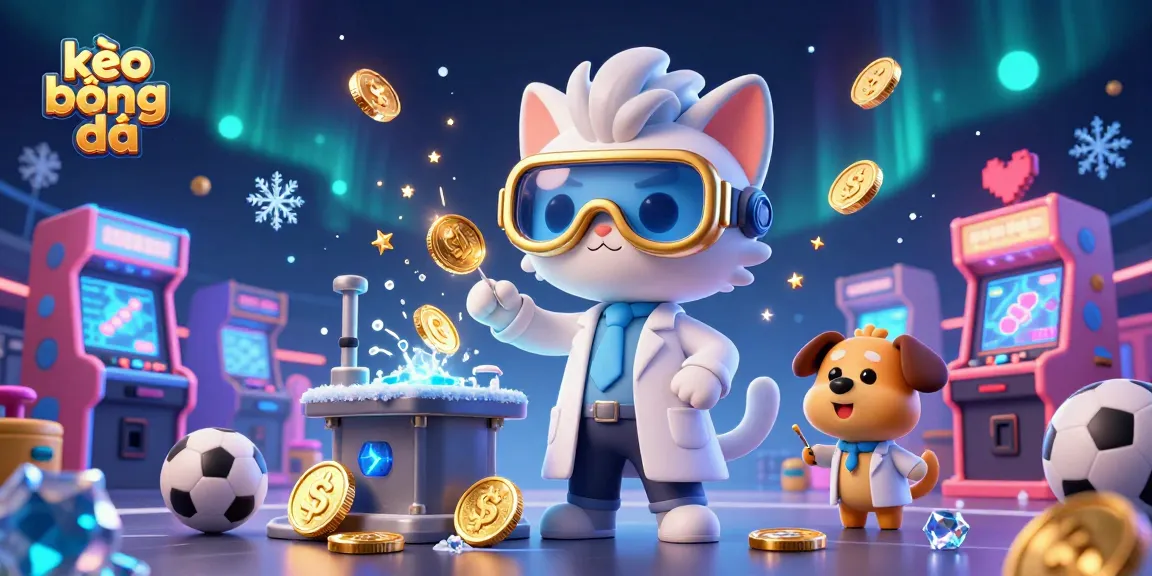Engage in dynamic kèo bóng đá action with a mad scientist cat and loyal dog at a vibrant sports betting lab.