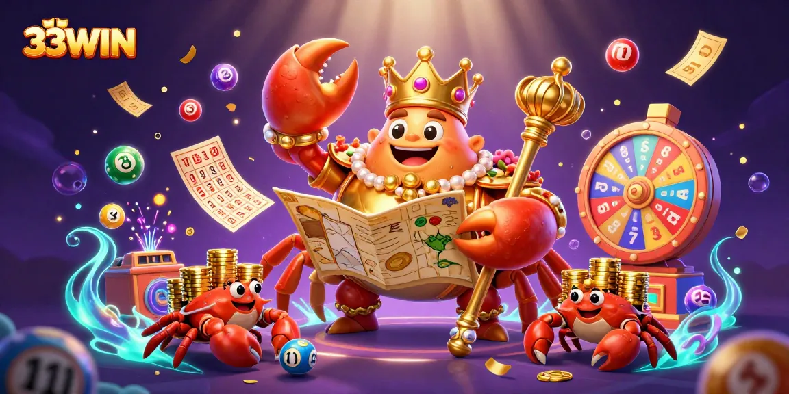 33WIN offers vibrant lottery excitement with a golden crab emperor leading colorful gaming elements.
