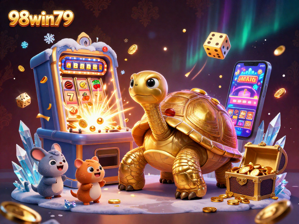 A dynamic scene featuring 98win79 with a colossal golden tortoise as a pinball machine, showcasing exciting casino activities.